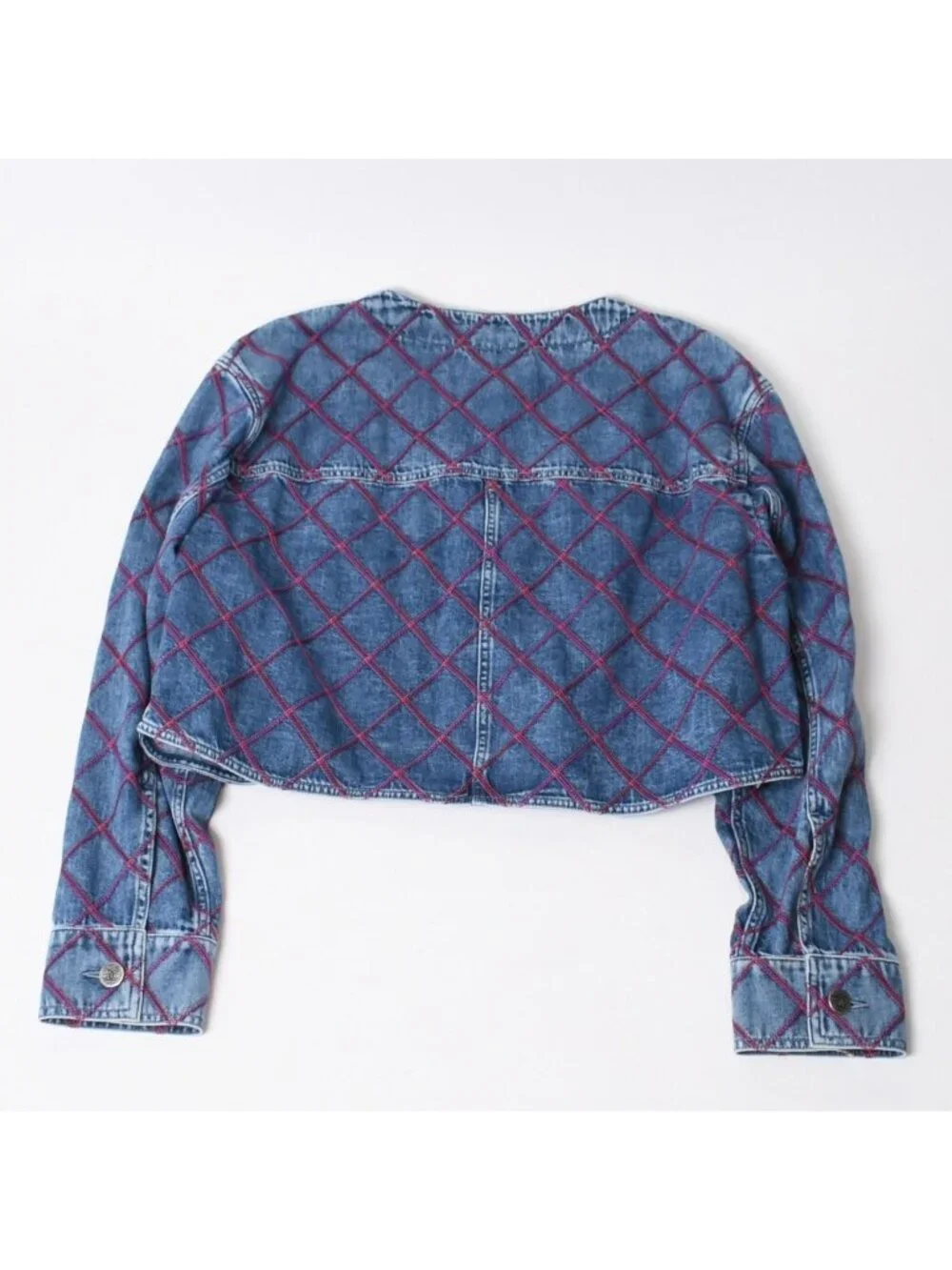 Chanel Collarless Denim Jacket CC Logo Stitch Blue